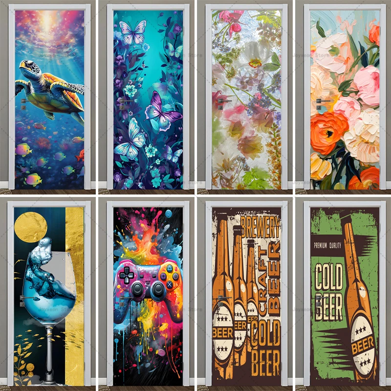 

Artistic Oil Painting Door Sticker Wallpaper, PVC Removable Waterproof Decal, Decorative Bedroom Graffiti Beer Bottle Poster