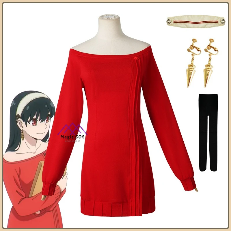 

Spy x Family Yor Forger Cosplay Costume Red Knit Sweater + Black Wig + Flower Hairpin Women's Anime Outfit for Comic Con Party