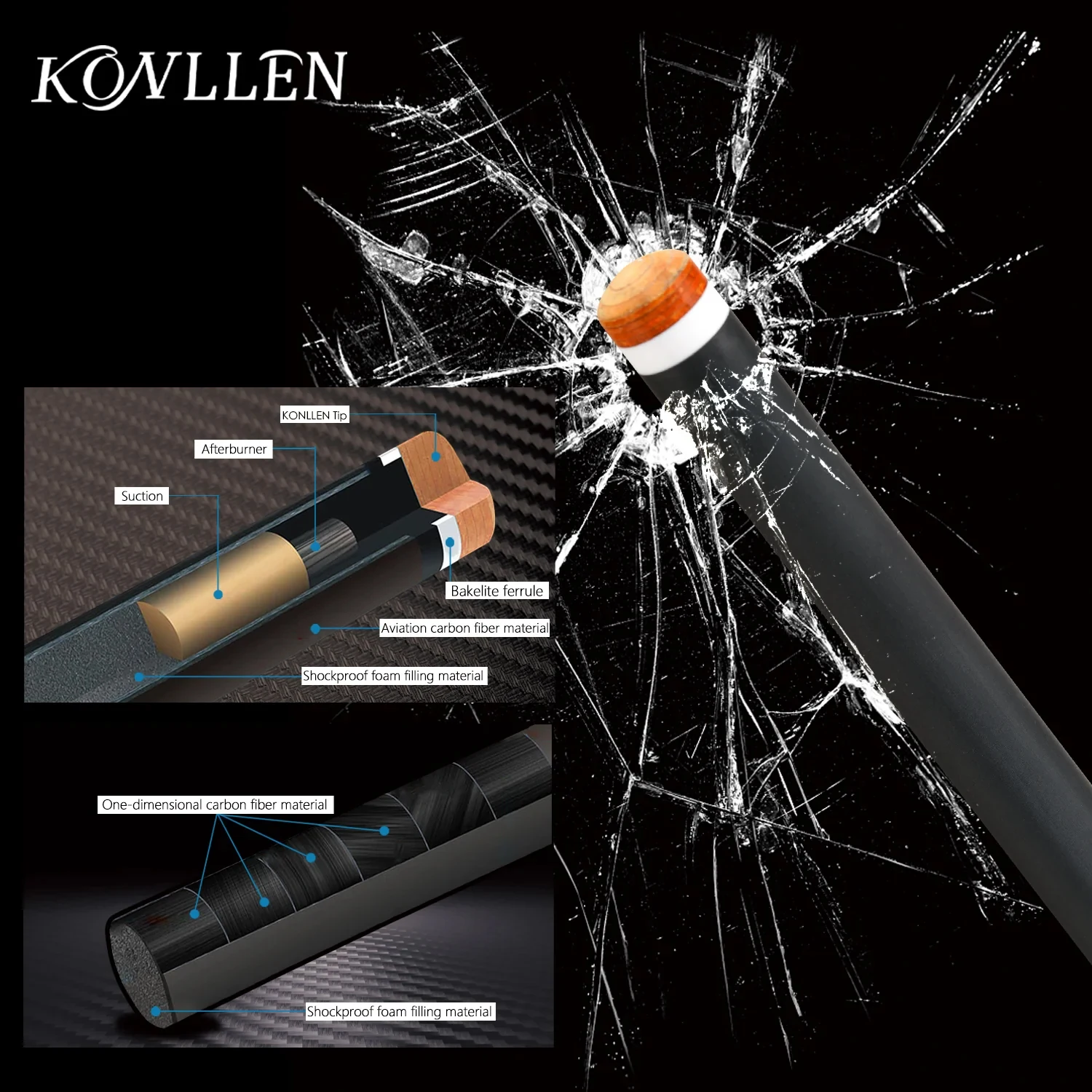 KONLLEN KL10-12F Carbon Fiber Pool Cue Stick with 12.5mm Tip Low Deflection Real Inlay Leather Grip for Billiard Cue Kit