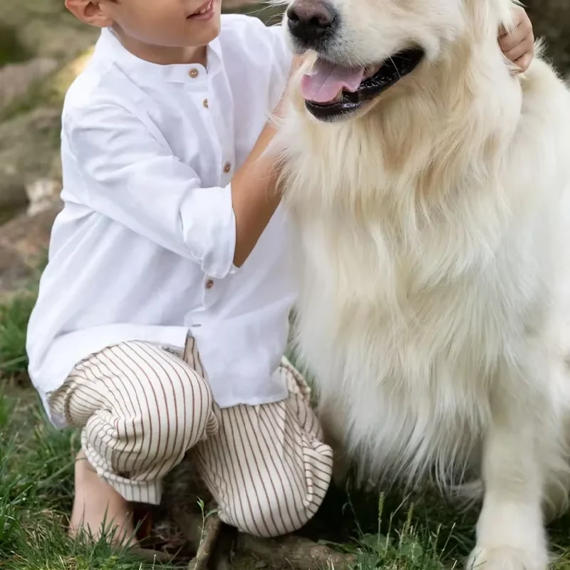Spring Children's Cotton Linen Shirt New Solid Color Long-Sleeved Stand-Up Collar Buttons Boys White Daily Casual Shirts