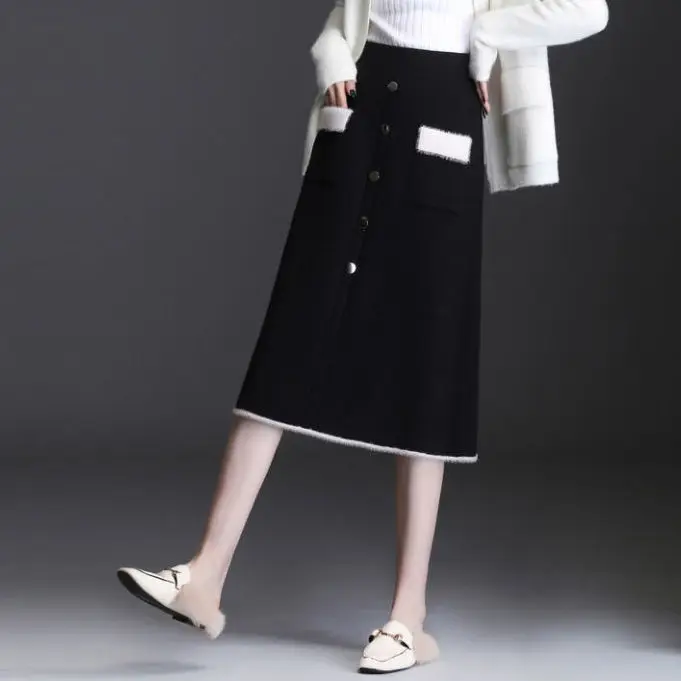 

Autumn Winter Knitted Skirts for Women Vintage Soft Elastic High Wiast Skirts Female Buttons Solid Mid-Length Sweater Skirt U20