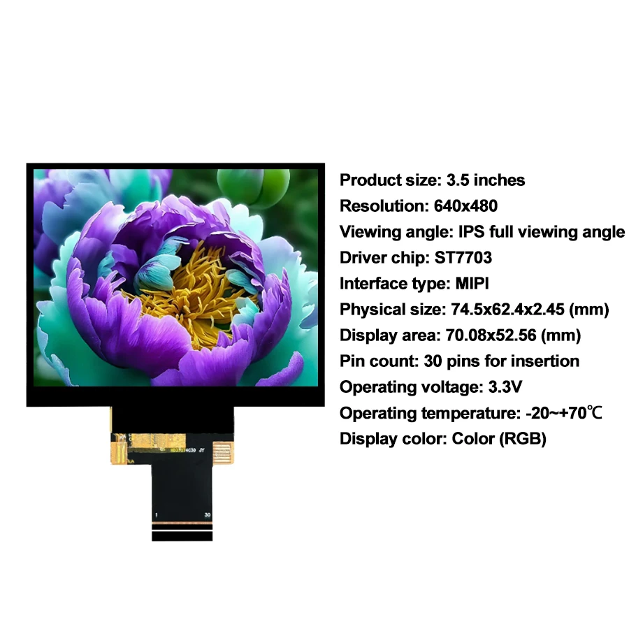 3.5-inch TFT Display 640x480 Resolution 30-pin ST7703 Interface MIPI IPS TFT Display