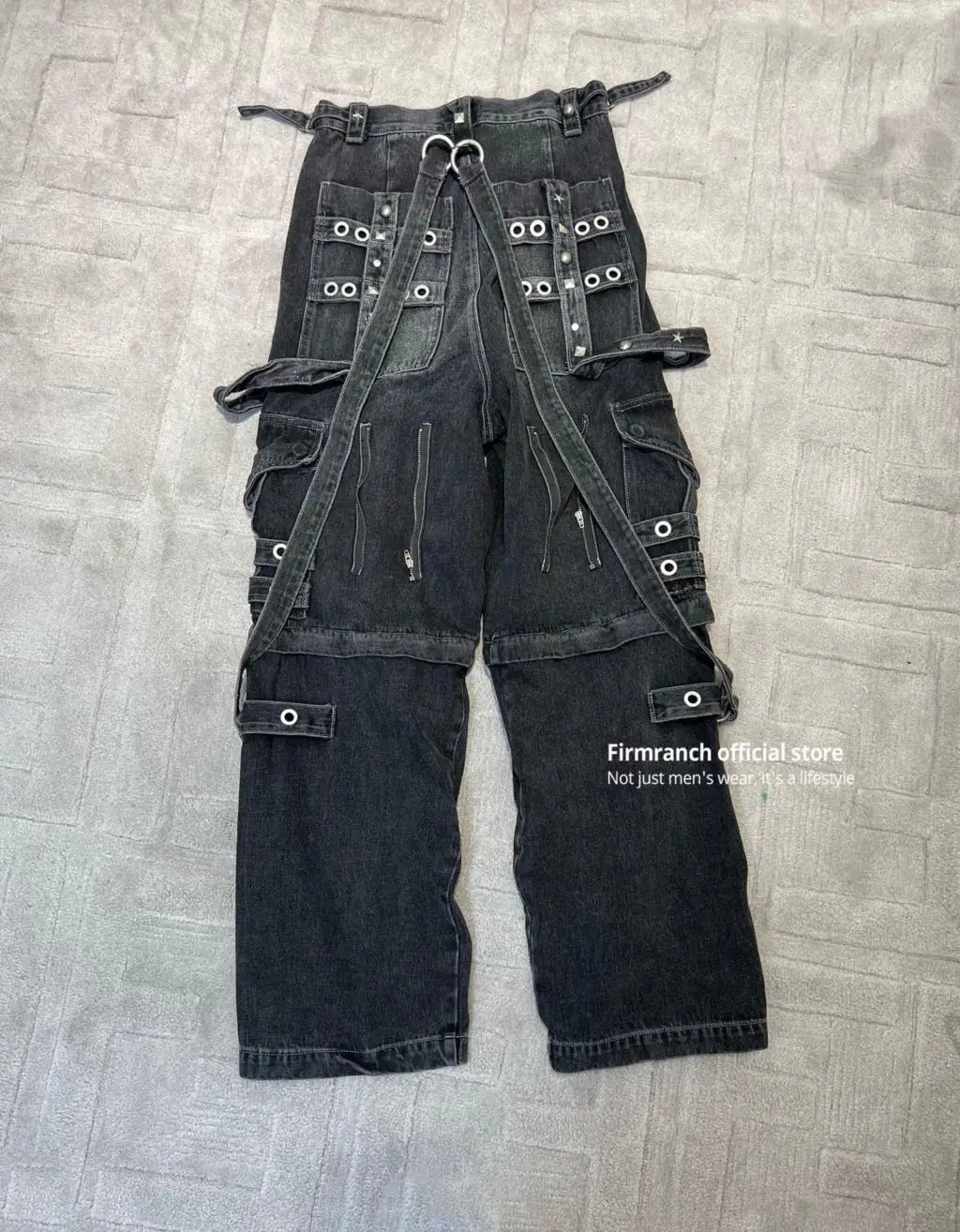 Firmranch Double Wear Raver Multiple Pockets Lace-up Jeans For Men Women Oversized Wash Old Baggy Denim Pants High Quality