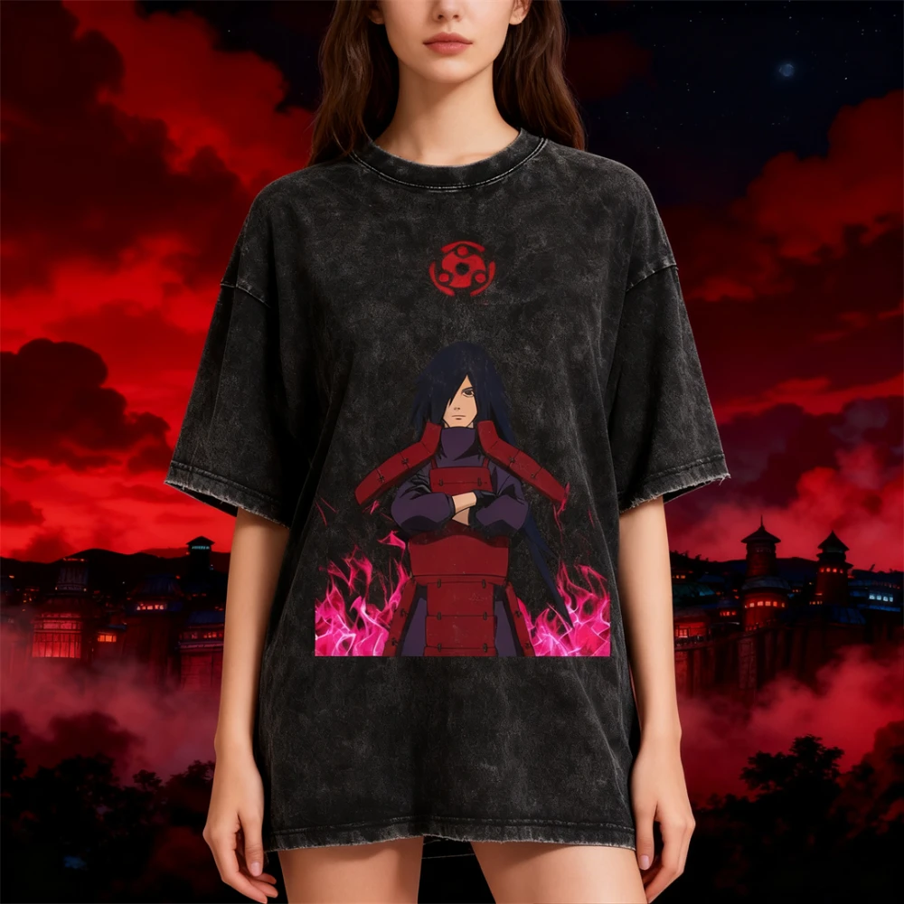 New Washed Naruto Anime Printed T-shirt Hip Hop Street Dress Japan 2025 Harajuku Cotton T-shirt Men's and Women's Short Sleeves