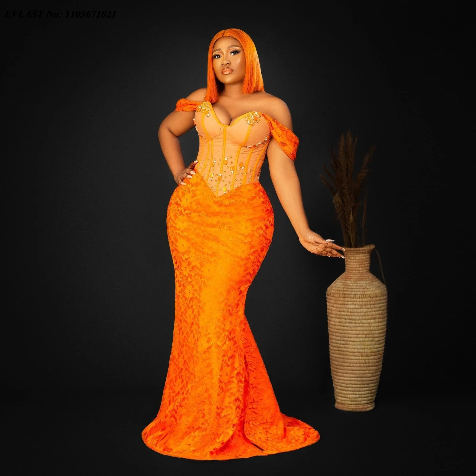 

EVLAST African Bright Orange Prom Dress Long Mermaid Beaded Lace Black Women Formal Party Dress Aso Ebi Style Evening Gowns P157