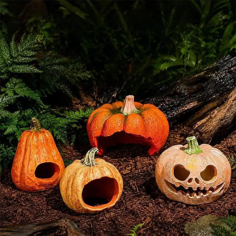 1Pcs Reptile Hideout Pumpkin Cave Resin PVC Shelter with Anti Slip Bottom for Leopard Gecko Snake Lizard Terrarium Decor