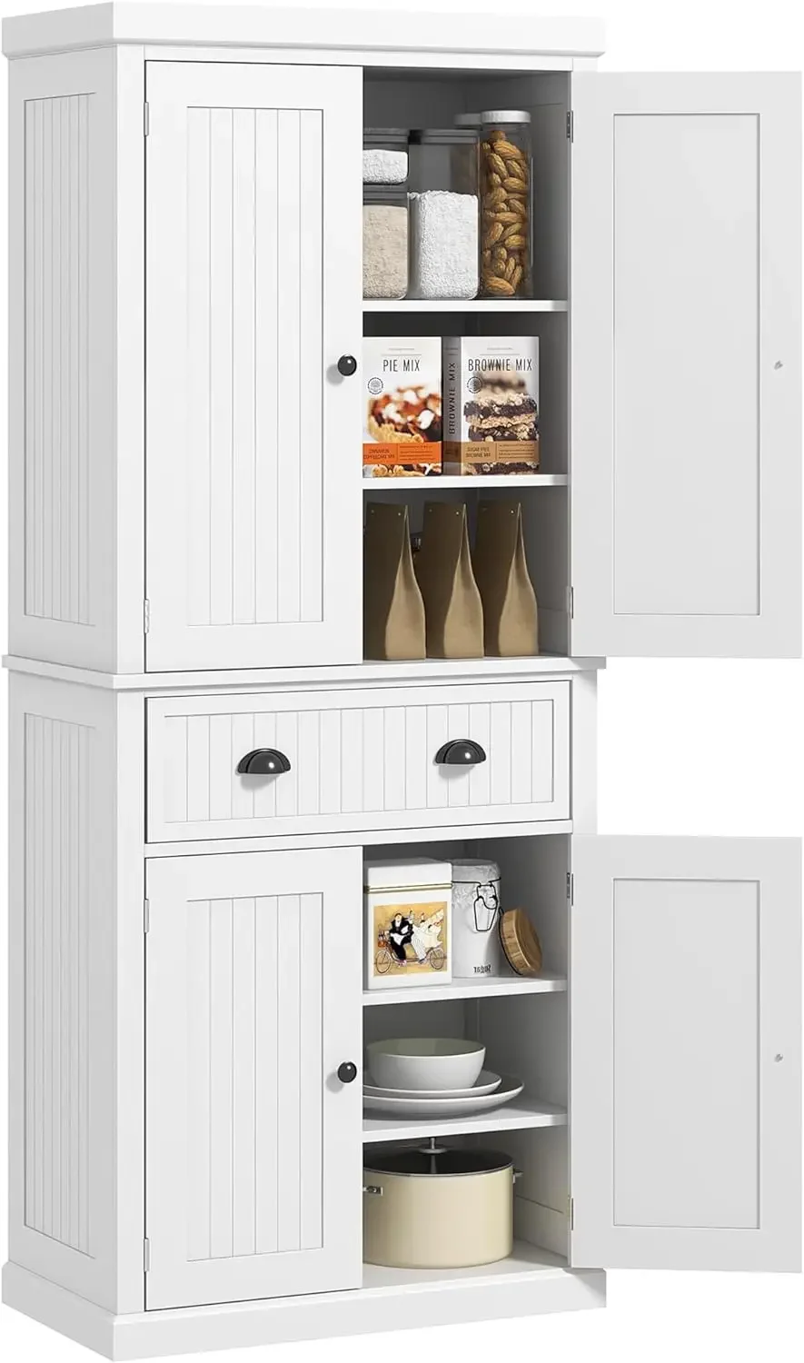 

Kitchen Pantry Storage Cabinet, Traditional Freestanding Cupboard with Doors and Adjustable Shelves, Large Central Drawer