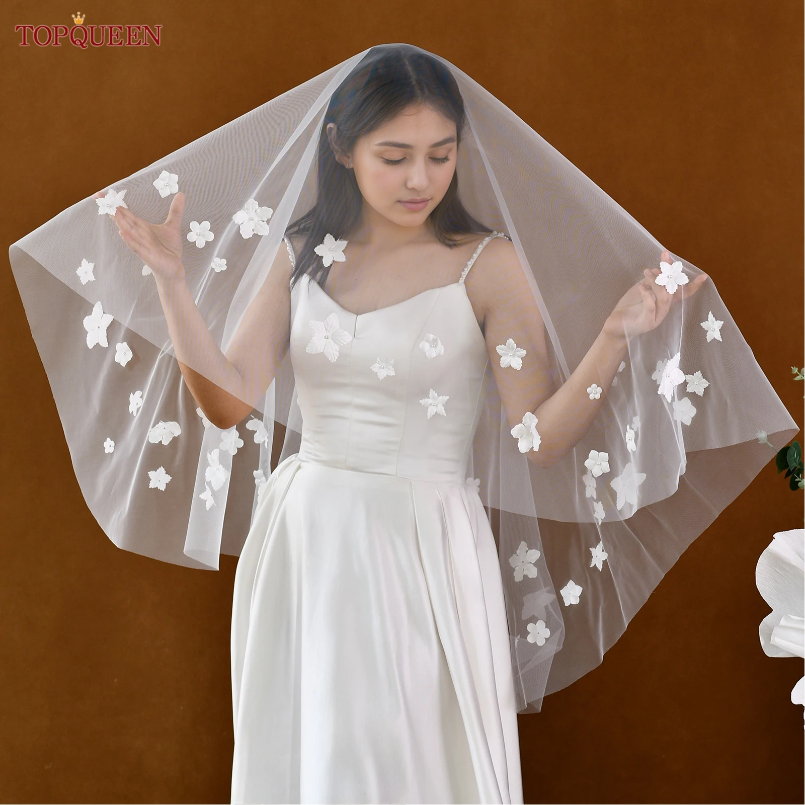 

TOPQUEEN фата для лица, 3d цветочное украшение, свадебные аксессуары, длинный, нежный, простой, вуаль de mariée M153