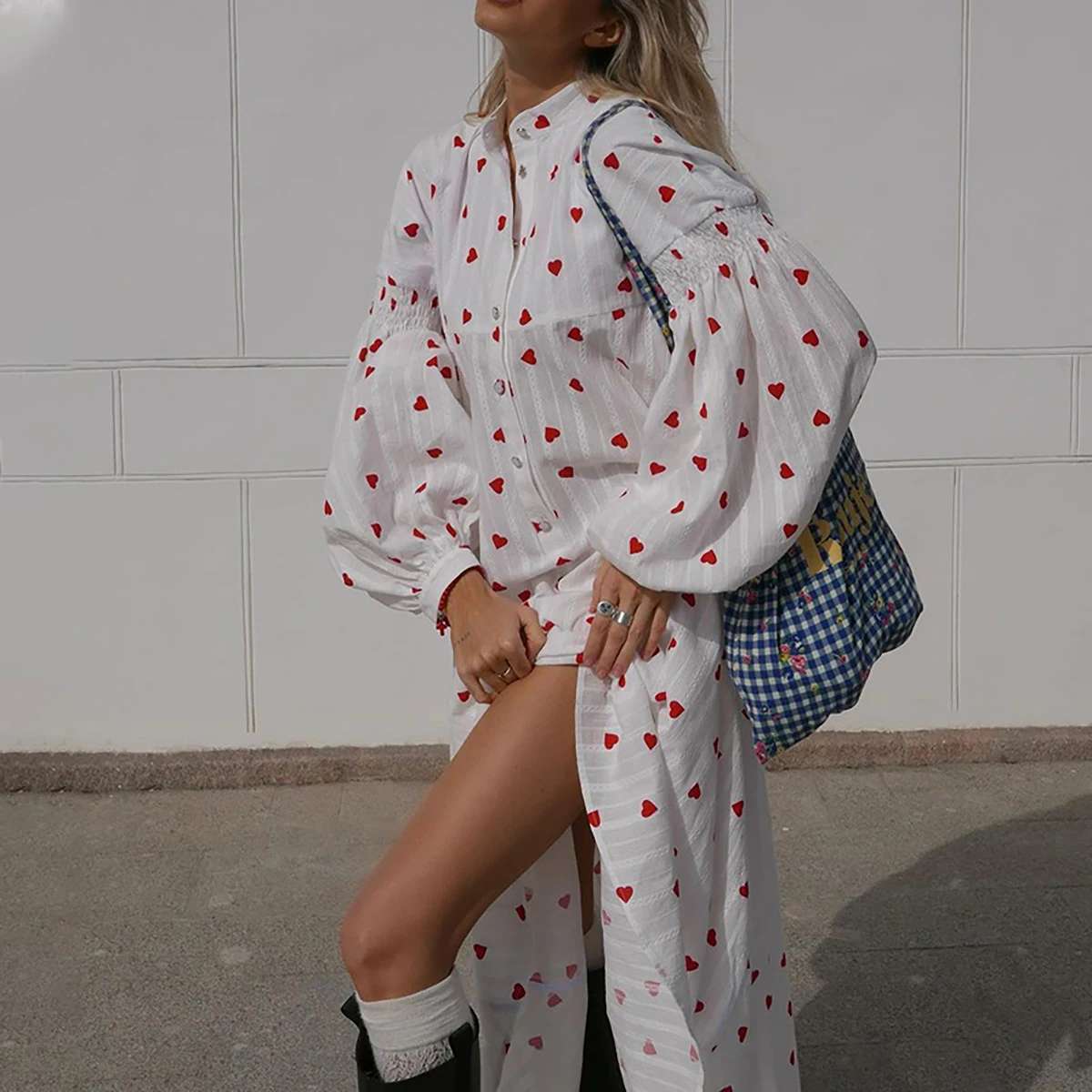 Vestido de manga larga con estampado de corazón de Jacquard Vintage para mujer, maxivestido holgado de algodón con botones y cuello redondo, moda de verano