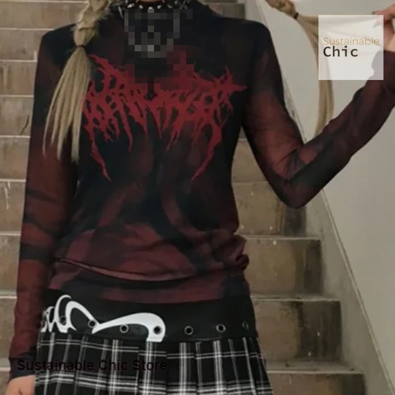 

American retro sexy spice girl red print perspective mesh T-shirt women's summer and autumn new slim sunscreen bottoming top