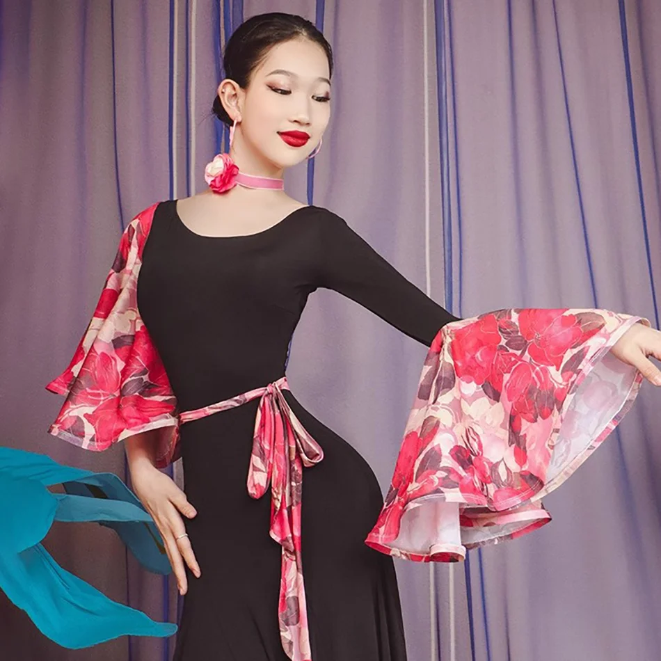 2023 moderne Floral Lotus Hülse Patchwork Weiblichen Latin Dance Kleid Frauen Ballroom Dance Samba Rumba Bühne Leistung Dancewear