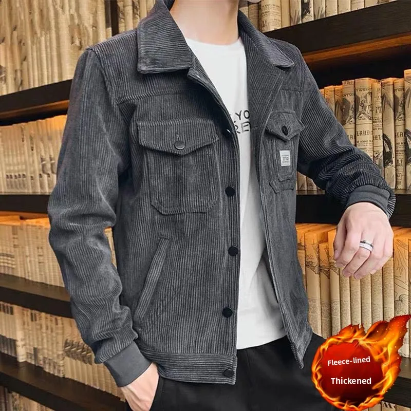 

Men's Corduroy Jaet 2023 Autumn Winter Faionable Casual Collar Stand up Thiened Fce Lined Spring Autumn Workwear