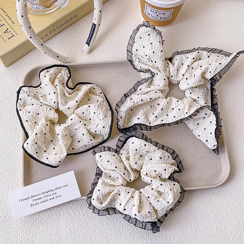 Koreanischer Polka-Dot-Haargummi für Damen, Schleifen-Rüschen-Haarband, eleganter französischer Stil, elastisches Haarband aus Stoff, Haaraccessoires für Mädchen. – Detail 3