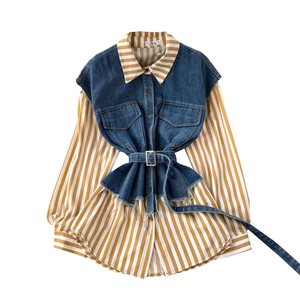 Spring and Autumn Korean Retro Style Fake Two Loose Denim Vest Spliced Striped Shirts Women's Casual Irregular Top