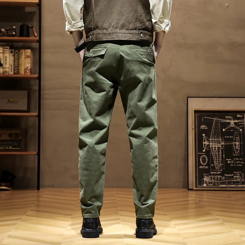 Straight Casual Pants Men Clothing Khaki Green Workwear Denim Mens Pants Trousers For Male Overalls 97% Cotton 3% Spandex