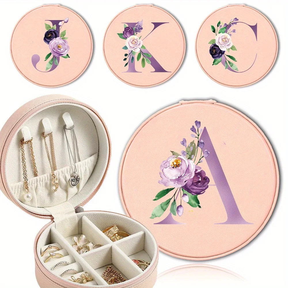 

Circular PU Travel Cosmetics Storage Box Fashion Printed Gift Jewelry Case For Women Bracelet Ring Necklace Purple Letter Design