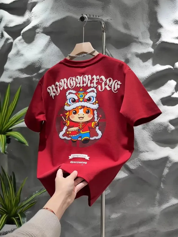 

Summer New Faion Korean Cartoon Print round Ne ort Sve Men's Casual Versatile f Sve Top Breathable Cotton T-irt