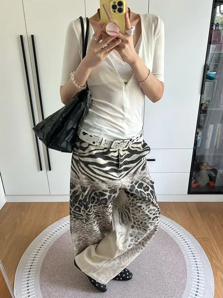 HOUZHOU Vintage Luipaardprint Baggy Jeans Vrouwen Hip Hop Y2k Rechte Denim Broek Amerikaanse Retro Oversized Streetwear Jeans