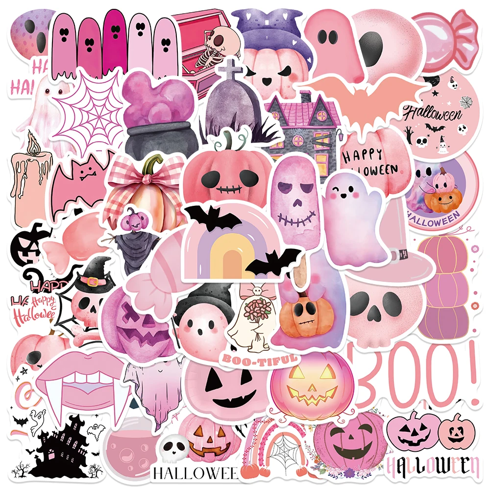 50PCS Pink BOO Ghost Halloween Cute Stickers for Students Gift Diary Car Scrapbooking Notebooks DIY Laptop Phone Bottle Decals