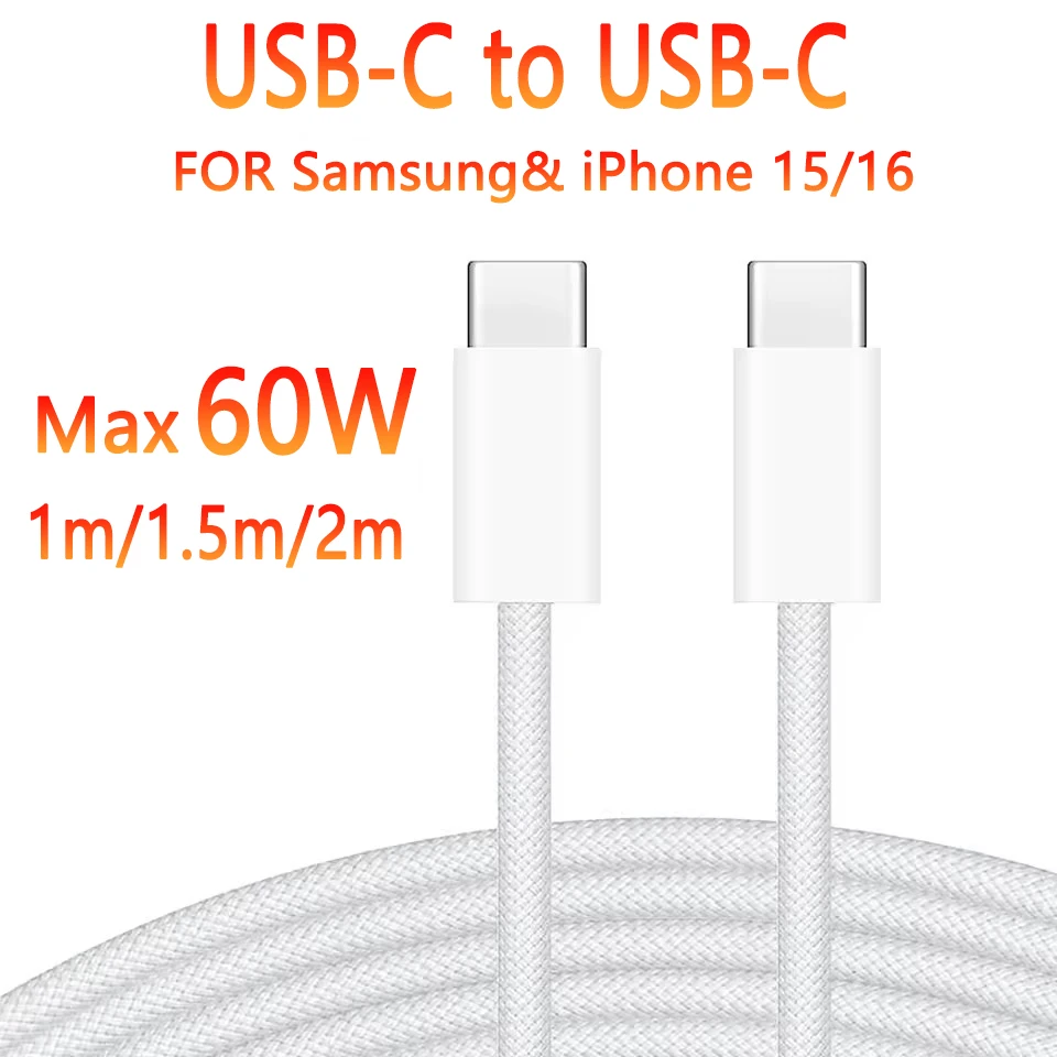 

Кабель для быстрой зарядки USB-C с нейлоновой оплеткой, 60 Вт для iPhone 16/15, Samsung S24/23/22, iPad Pro, Macbook Air/Pro