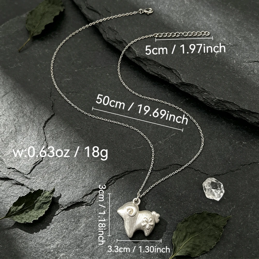 Vintage Matte Lamb Pendant Necklace and Earring Set, Ethnic Style Carved Cute Lamb Jewelry Two-Piece Set