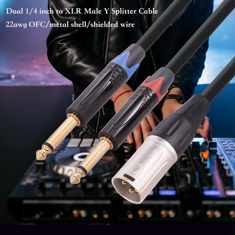 Dual 6.35Mm 1/4 In To XLR Male Y Splitter Cable,3Pin XLR Male To Dual 6.35Mm Plug Audio Microphone Cable