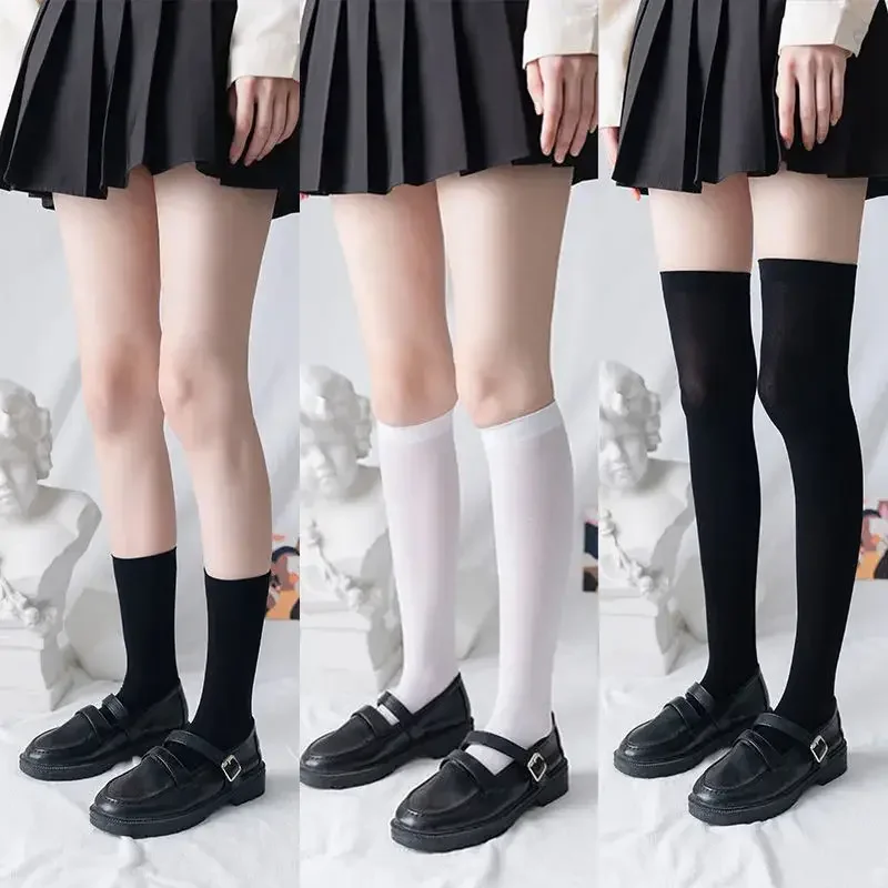 JK Woman Socks Cute Black White Velvet Lolita Long Sock Solid Color Thigh Knee High Fashion Costume Cosplay Sexy Nylon Stockings