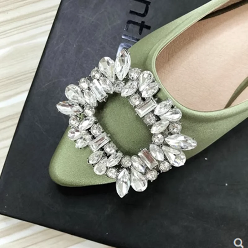 Women Green Blue Shoes Silk Null Plain Flats Pointed Toe Slip-On With Crystal Buckle Shallow Mouth Cute Retro Tacons  32-48 28cm