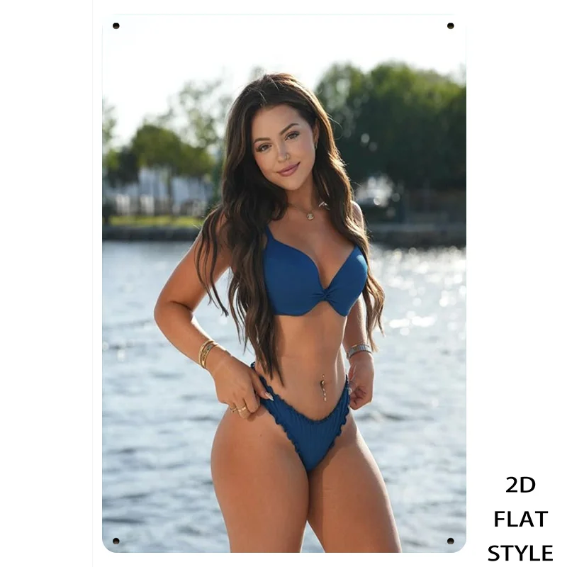 2D Metallschild, Modische Frau im Blauen Bikini mit Seeblick, Metall-Wandkunst, 8x12 Zoll Eisenbild für Wohnzimmer Schlafzimmer Heim-Dekoration