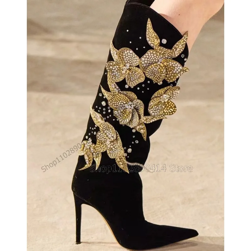 Gold Crystal Appliques Black Pointed Toe Boots Knee High Women Shoes Stilettos High Heels Fashion Sexy 2023 Zapatos Para Mujere