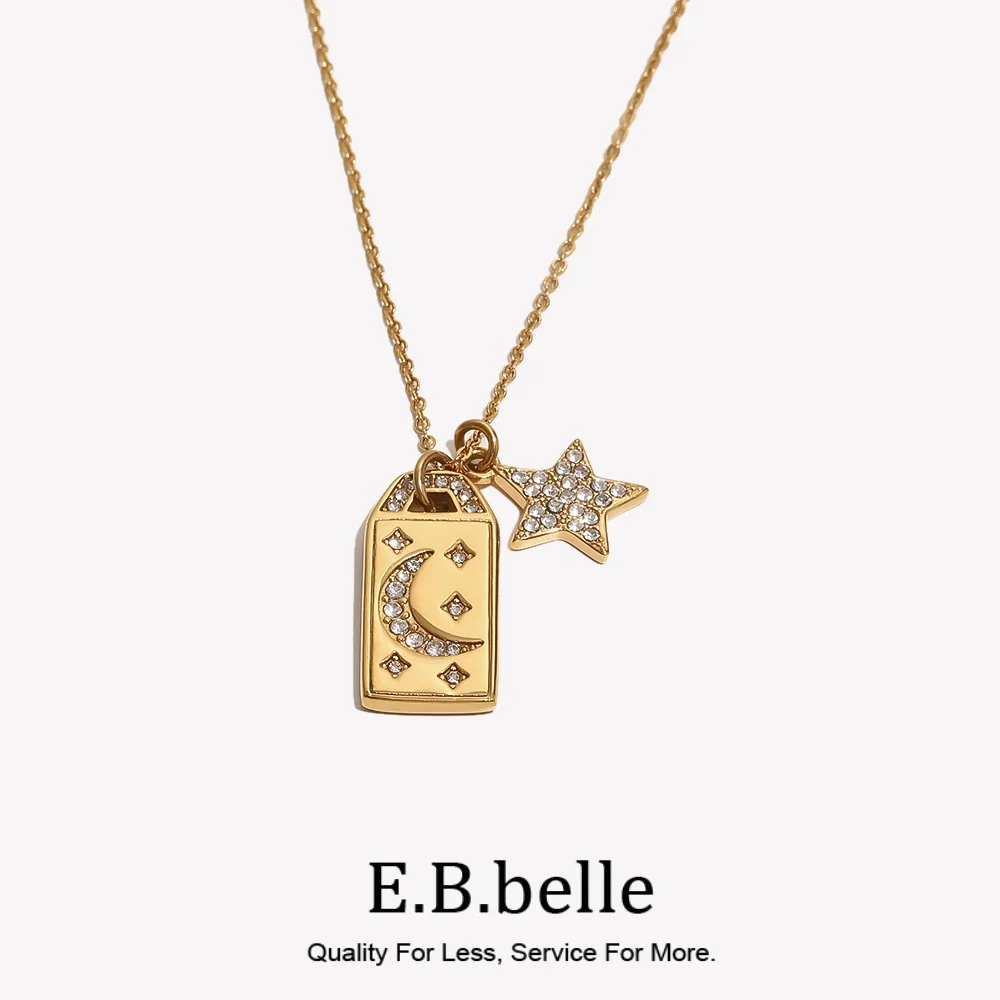 Ebbelle Collana Con Ciondolo Stella Lunare Con Strass Quadrati In Acciaio Inossidabile Placcato Oro 18 Carati Gioielli Da Donna Di Moda Ipoallergenici-image