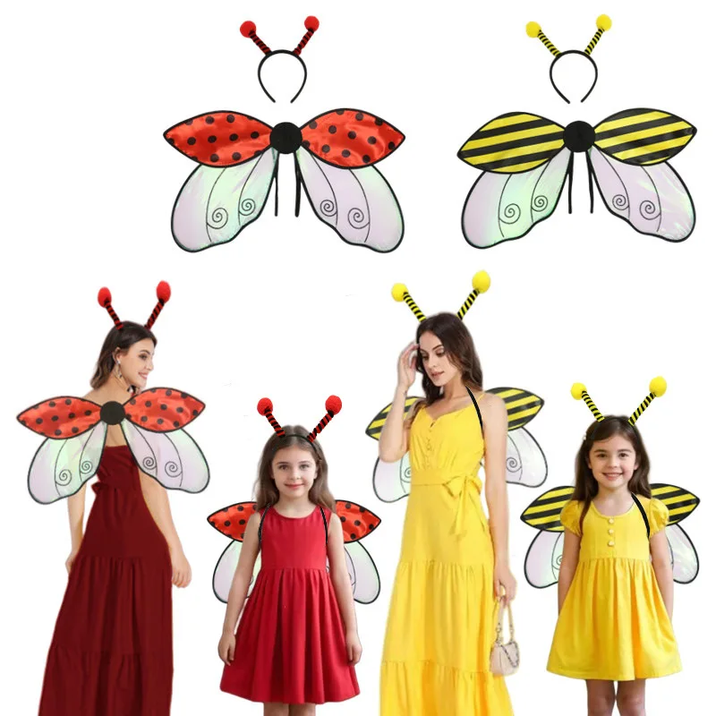 2 Pcs Yellow Bee Red Ladybug Cosplay Wings Halloween Girls Bee Headband Wings Funny Dress Fairy Props Set for Kids Adult