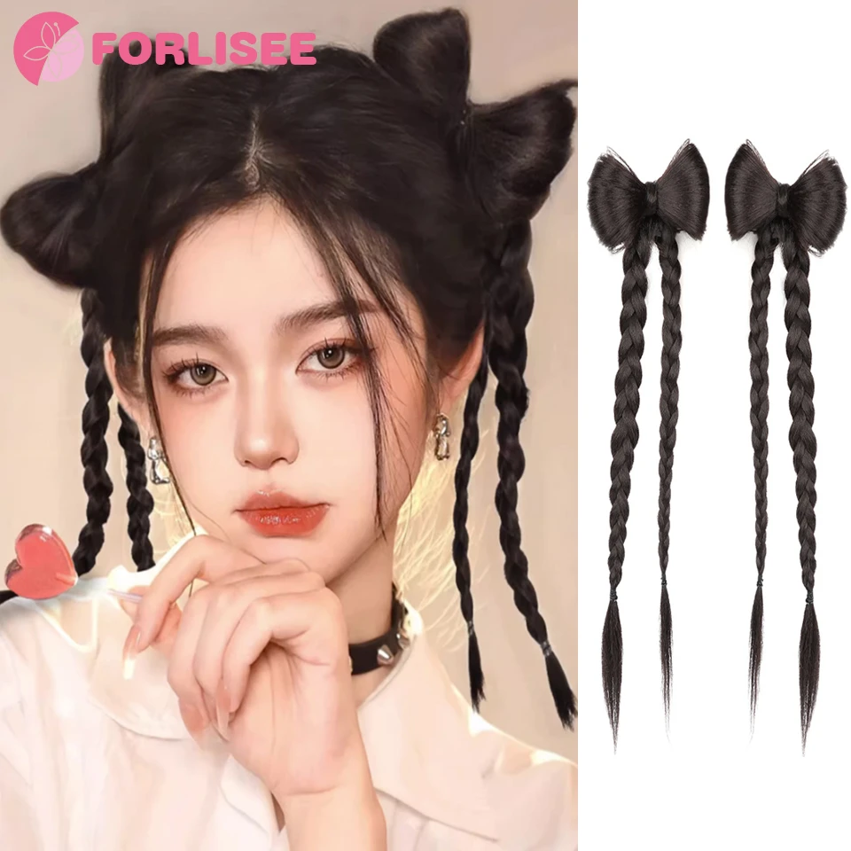 FORLISEE Synthetic Y2k Wig Braid Female Ponytail Sweet Cool Bow Ball Head Natural Fried Dough Twists Boxing Braid Wig