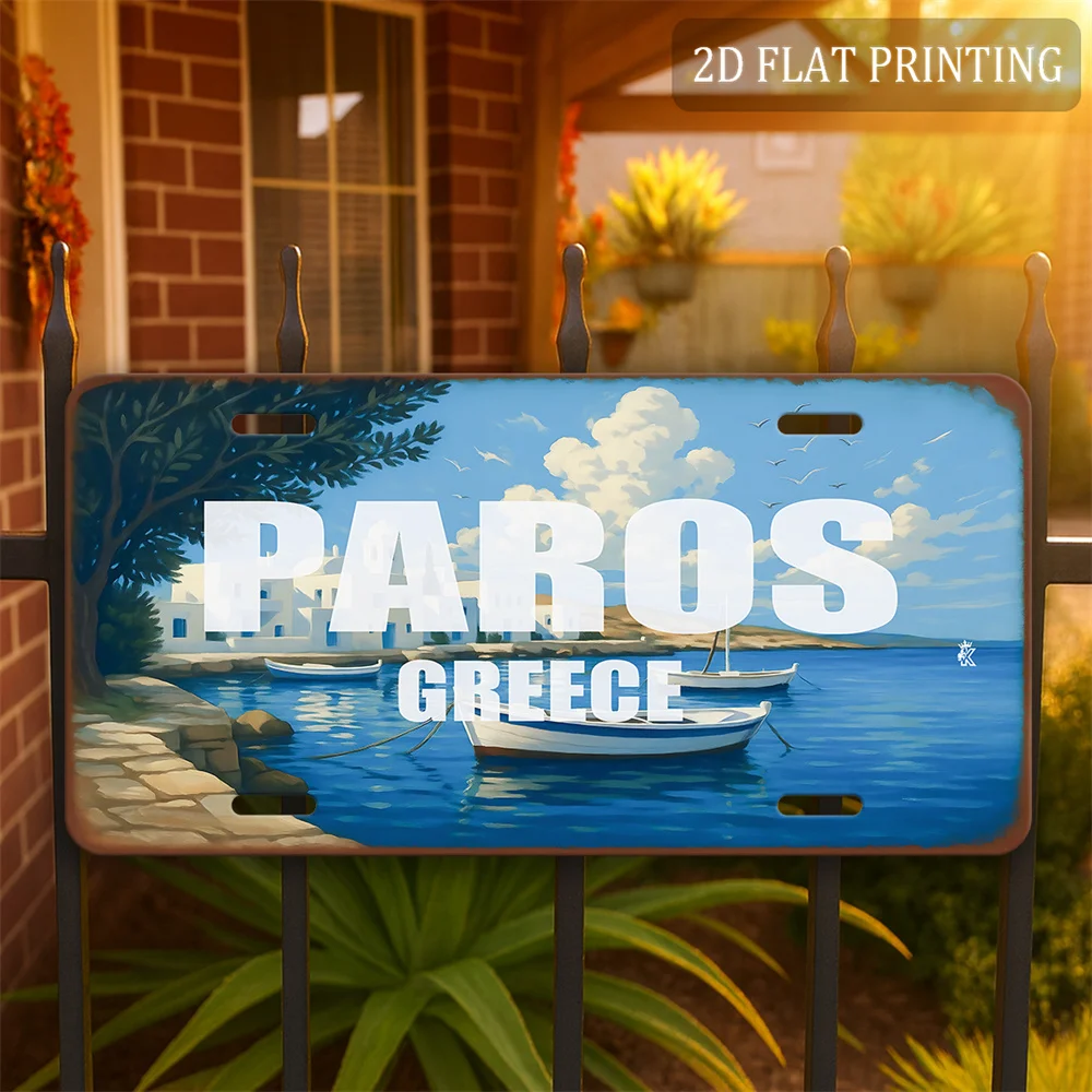 2D Flat - 1pc 2D Flat Paros Greece Aluminum Plate | Blue Aegean Island View Vintage Metal Sign, Rust Edge Design, Weatherproof O