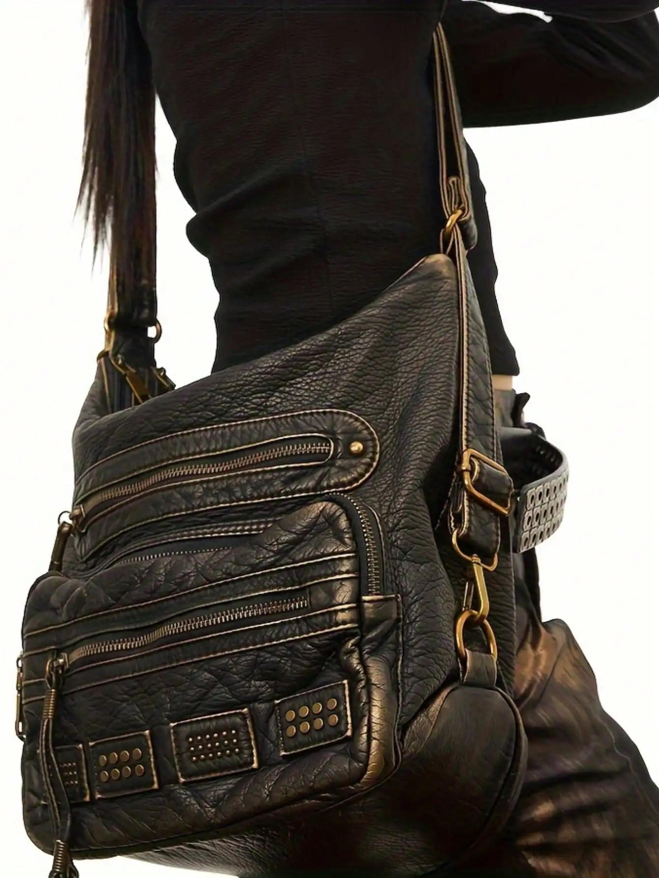 

Distressed Black Faux Leather Crossbody Bag with Rivets and Multiple Zippers