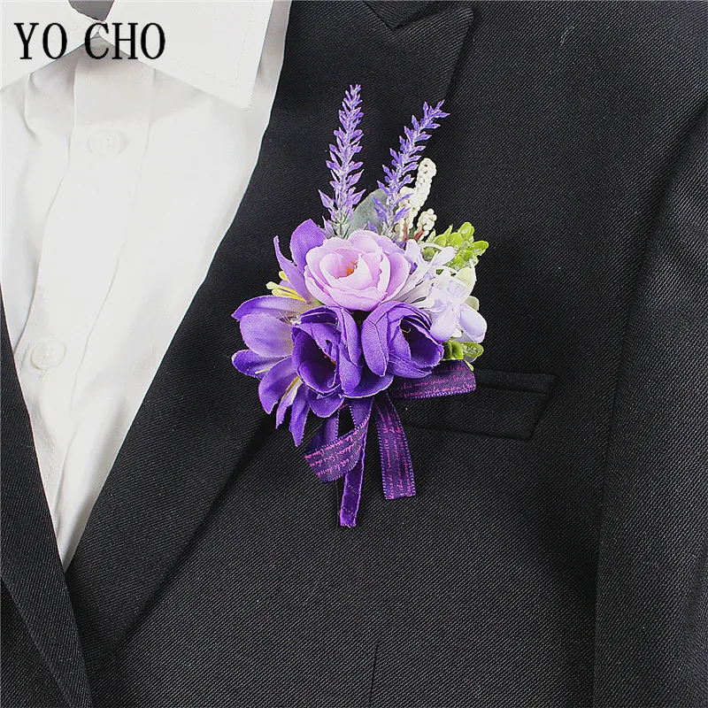 YO CHO Wedding Corsages flower Groom Boutonniere Purple Silk Rose Man Brooches Wedding Bridesmaids Bracelet Wrist Corsage Flower