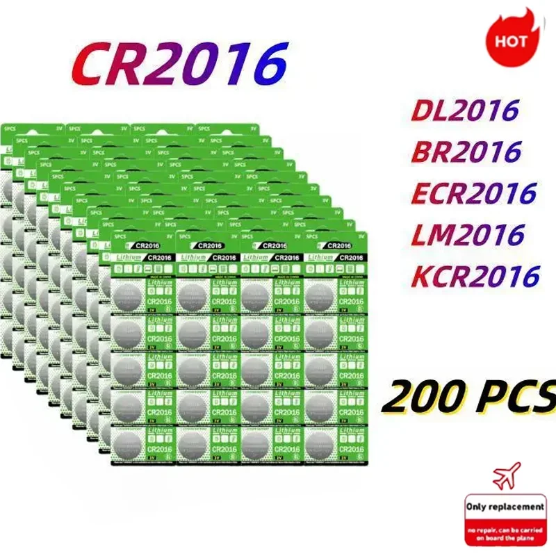 

200PCS CR2016 Button Batteries DL2016 BR2016 LM2016 Cell Coin Lithium Battery for Watch Electronic Toy Calculators