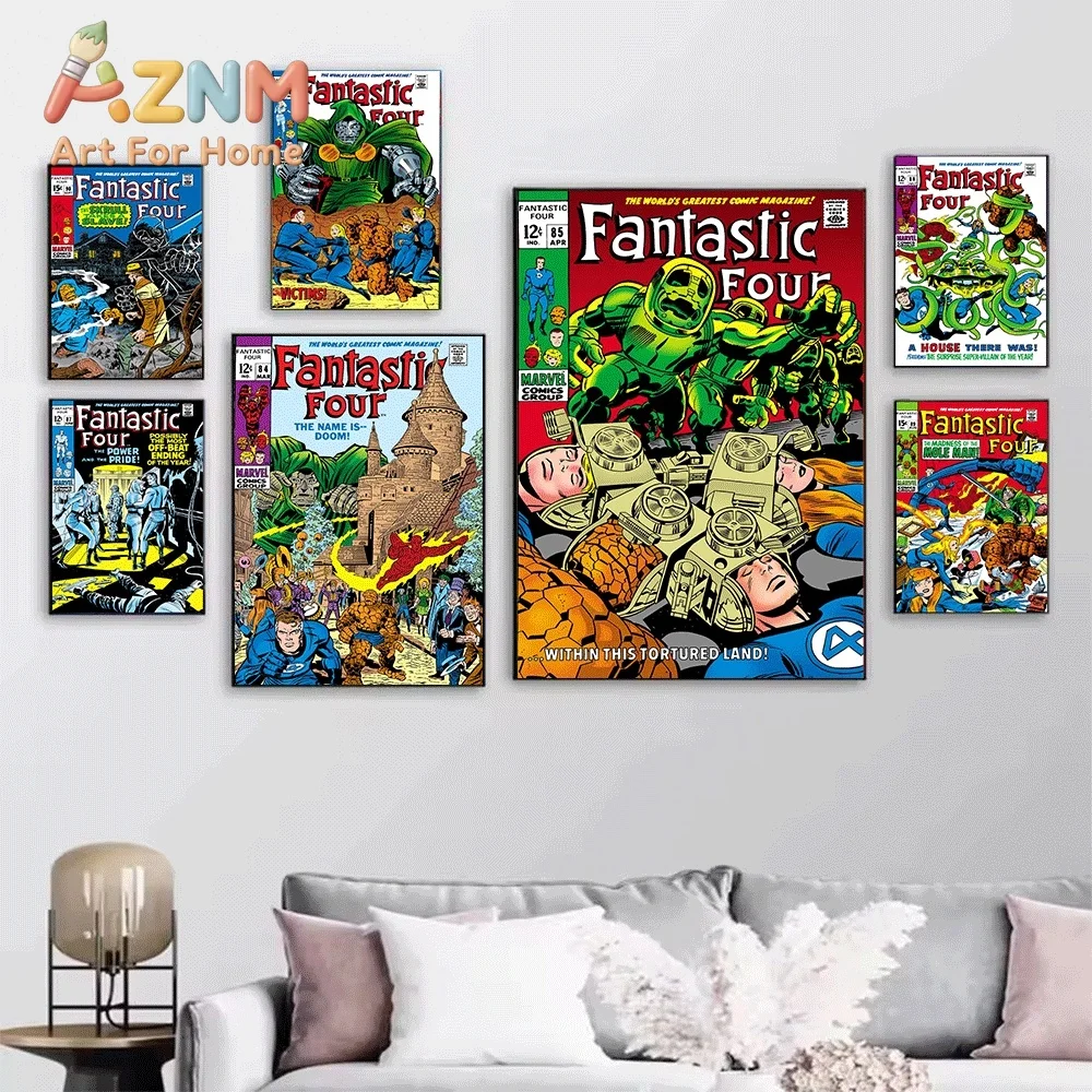 AZNM Fantastic Four Enter The Exquisite Elemental Vintage Comic Collage Canvas Wall Art Unframed Print, Superhero Poster for B