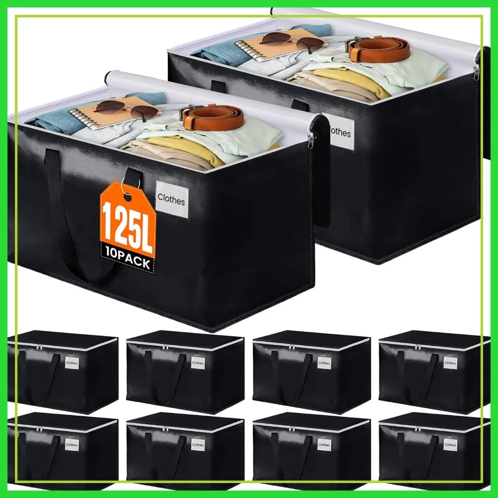 

Heavy Duty Moving Bags with Zippers & Handles, Collapsible Storage Totes, 125L 10-Pack Black