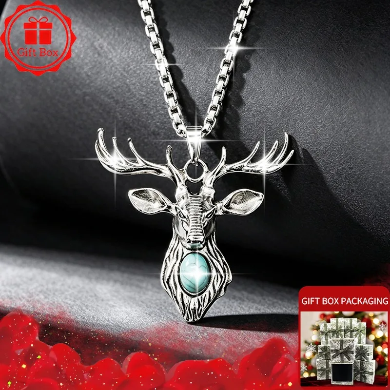 Vintage Stag Deer Head Pendant Necklace Men Women Stainless Steel Box Chain Simulated Turquoise Elk Horn Punk Boho Jewelry Gift