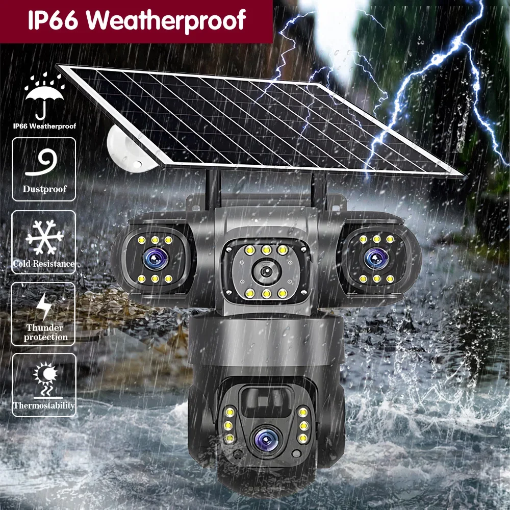 12MP 4G Sim Card Three Lens PTZ Solar Security Camera Three Screens PIR Detection Outdoor Wireless CCTV Surveillance IP Camera