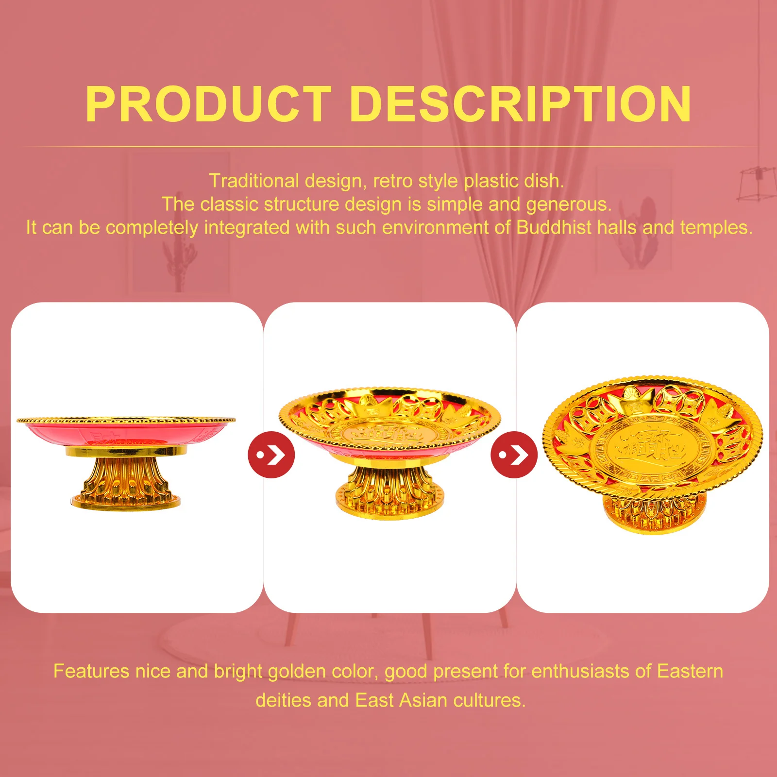 

1pcs Golden Buddhist Fruit Tray Plastic Offering Plate Temple Serving Tray For Worship Ritual Decor Kitchen Barware