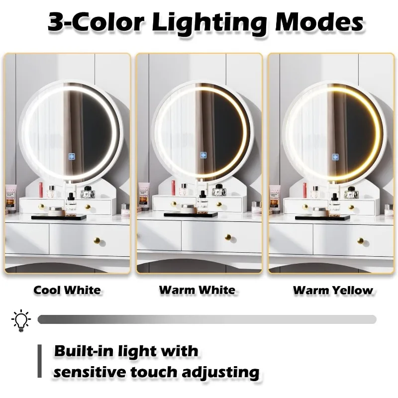 Vanity Set with Modern Desktop, Soft Cushioned Stool, 4 Storage Drawers, 3 Colors Mirror Brightness Adjustable (White)