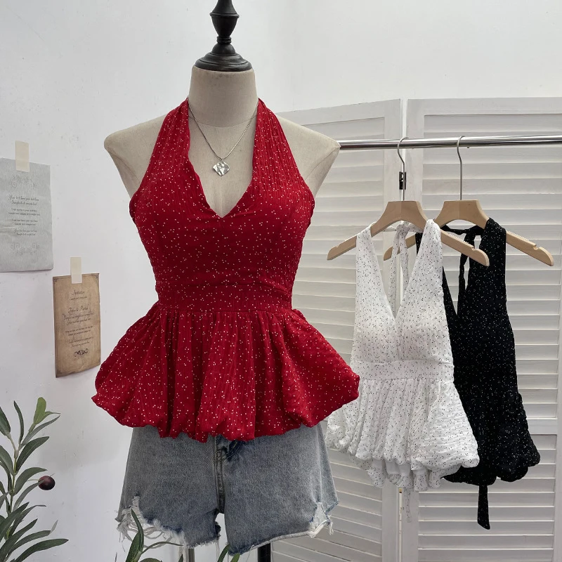 Real Shot Polka Dot Halter Neck Tank Top with Bowknot Hem, Slimming Short Sleeveless Top