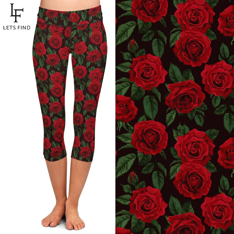 LETSFIND Red Rose Print Women Leggings Elastic Capri Legging High Waist  Mid-Calf 3/4 Stretch Casual Leggings