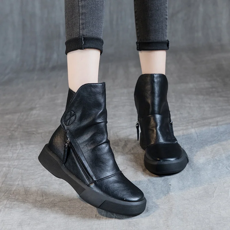 DRKANOL 2024 Vintage PU Leather Women Boots Fashion Solid Black Side Zipper Flat Ankle Boots For Women Winter Warm Boots Shoes