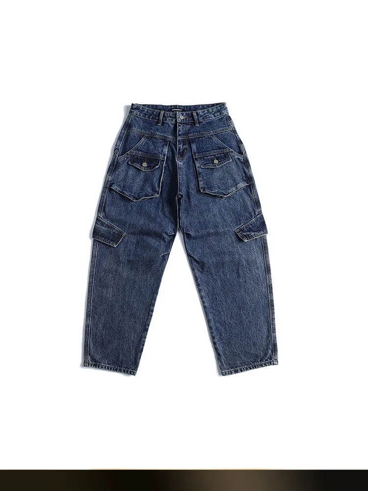 

American Retro Waed Multi-ket Straight Leg Jeans Men Summer New Cone Loose Casual Workwear Cotton Polyester Blend