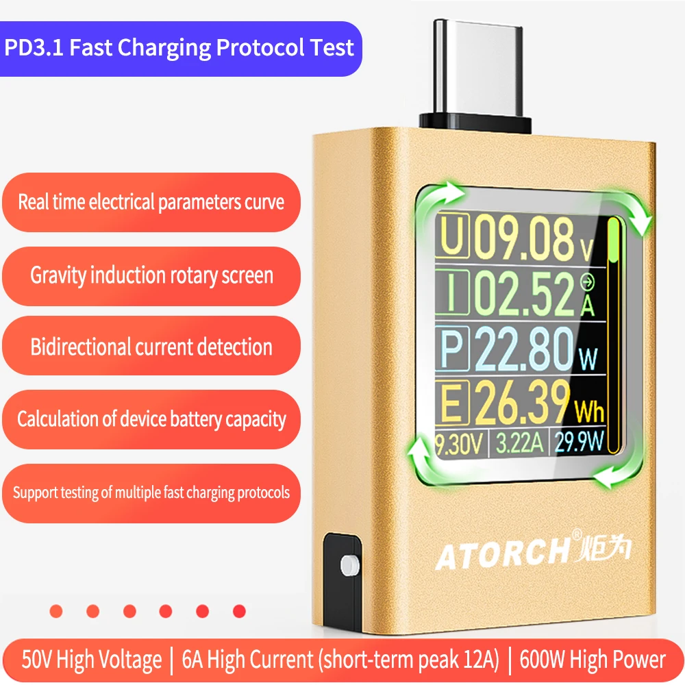 

AT085 DC 4,5-50V 0-12A 600W PD3.1 цифровой дисплей измеритель напряжения Внешнего Аккумулятора Type-c зарядное устройство для сотового телефона TFT G-Датчик Тестер