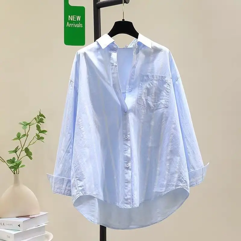 Summer Casual Korean Fashion Loose Buttons Single Breasted Striped Long Sleeve Youth Lively Bright Easy Close to the People Wild