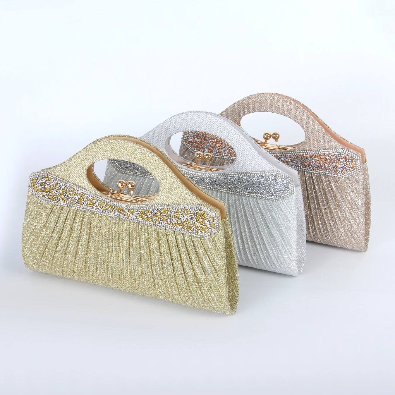 

Pleated Rhinestone Evening Clutch, Women's Evening Clutch, Wedding Party Handbag, Detachable Chain Clutch/Crossbody Bag